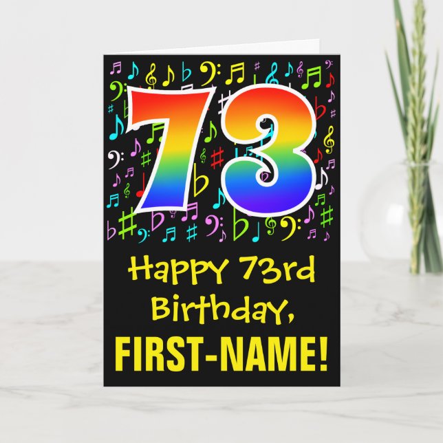 73. Geburtstag: Farbige Musiksymbole + Regenbogen  Karte (Vorderseite)