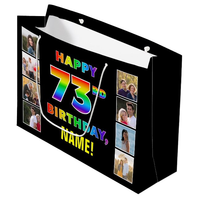 73. Geburtstag: Regenbogentext, benutzerdefinierte Große Geschenktüte (Vorderseite Schrägansicht)
