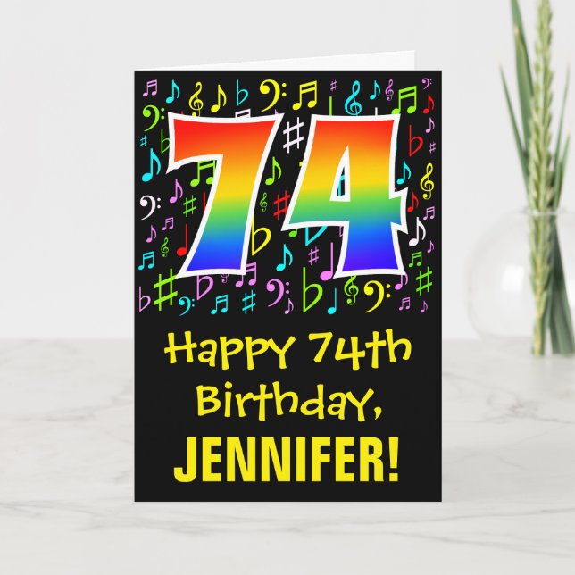 74. Geburtstag: Farbige Musiksymbole + Regenbogen  Karte (Vorderseite)