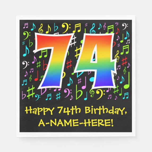 74. Geburtstag - Farbige Musiksymbole, Regenbogen  Serviette (Vorderseite)