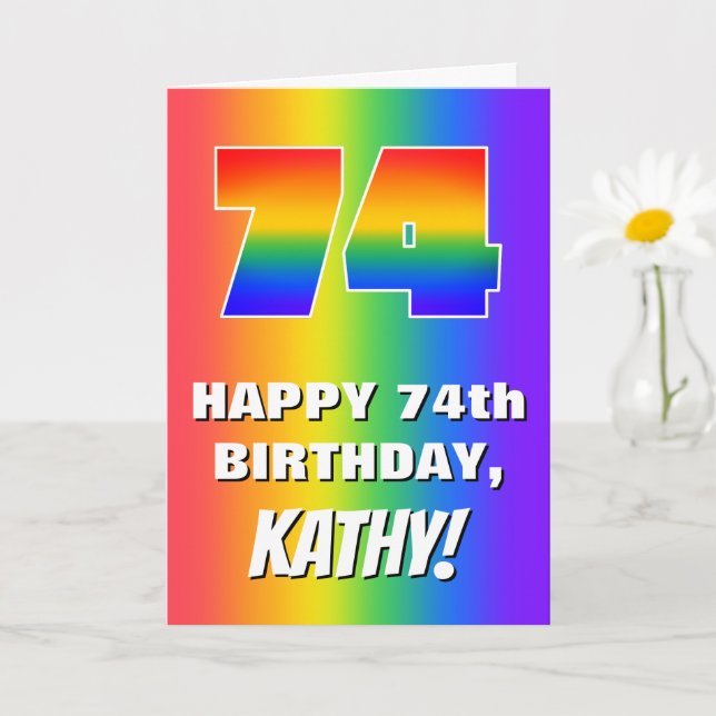 74. Geburtstag: Farbiges, lustiges Regenbogenmuste Karte (Kleine Pflanze)