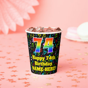 74. Geburtstag: Fun Musiknotens Pattern, Regenboge Pappbecher