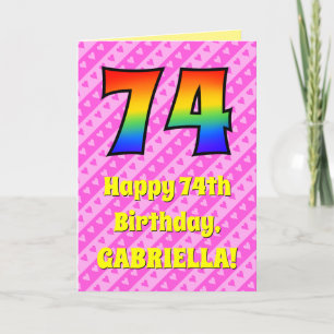 74. Geburtstag: Rosa Streifen & Herz, Regenbogen # Karte