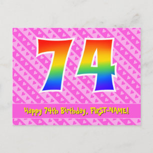 74. Geburtstag: Rosa Streifen & Herzen, Regenbogen Postkarte