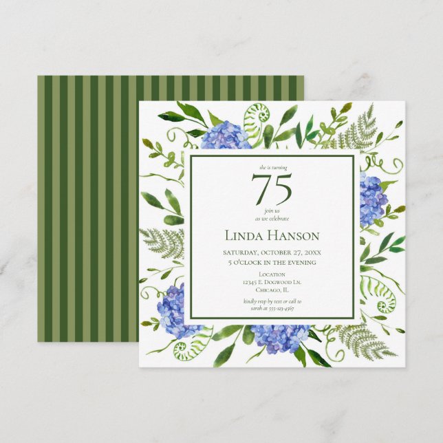 75. Geburtstag Blue Hydrangeas Einladung (Vorne/Hinten)