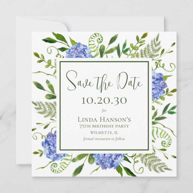75. Geburtstag Blue Hydrangeas Save The Date (Vorderseite)
