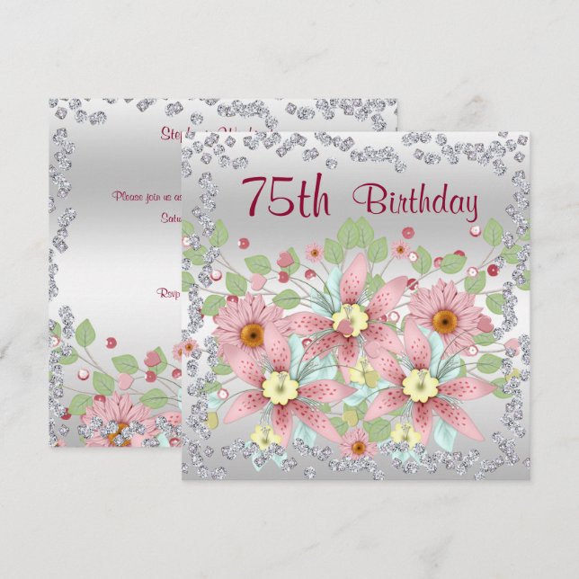 75. Geburtstag Blumenanzeige & Diamanten Einladung (Vorne/Hinten)