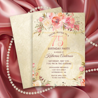 75. Geburtstag Blumenrosa Rosen Goldschimmer Party Einladung
