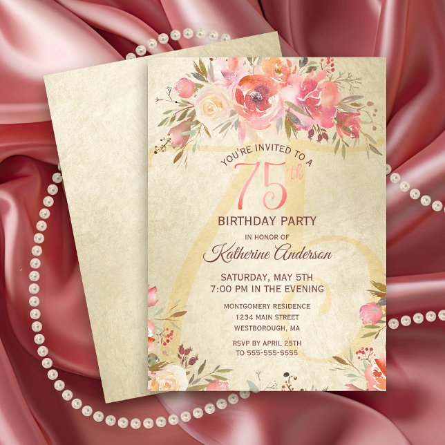 75. Geburtstag Blumenrosa Rosen Goldschimmer Party Einladung (Vintage Pink Rose Gold Shimmer 75th Birthday Party Invitation)