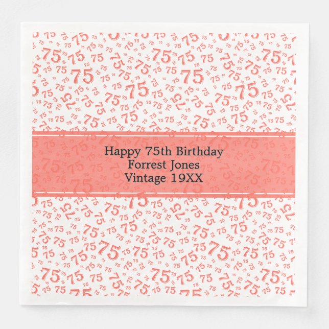 75. Geburtstag Cooles Zahlenmuster Korallen/Weiß Serviette (Vorderseite)