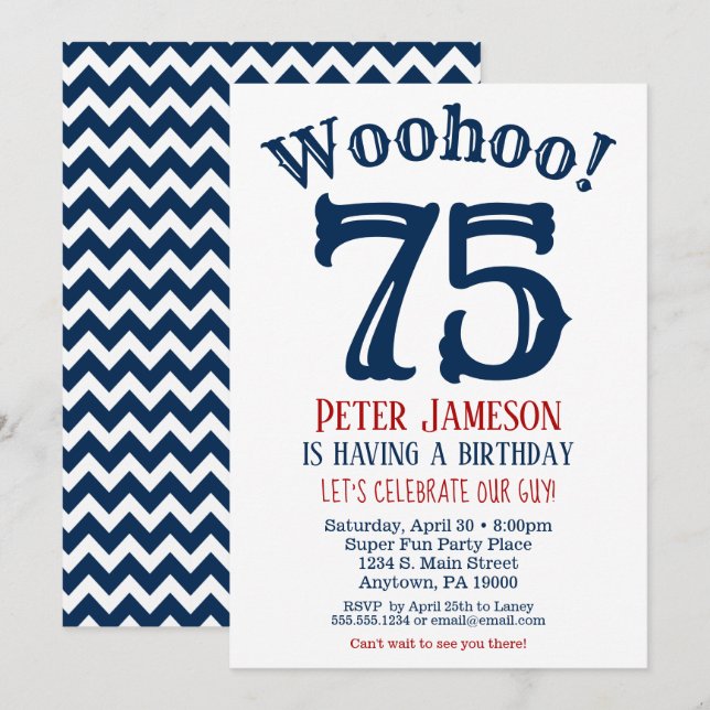 75. Geburtstag Einladung Mens Navy Blue (Vorne/Hinten)
