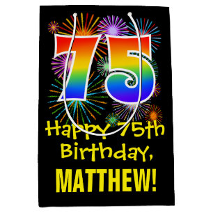 75. Geburtstag: Fun Fireworks Pattern + Rainbow 75 Mittlere Geschenktüte