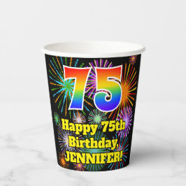 75. Geburtstag: Fun Fireworks Pattern + Rainbow 75 Pappbecher