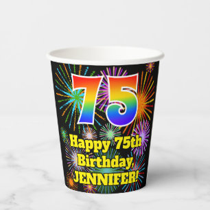 75. Geburtstag: Fun Fireworks Pattern + Rainbow 75 Pappbecher