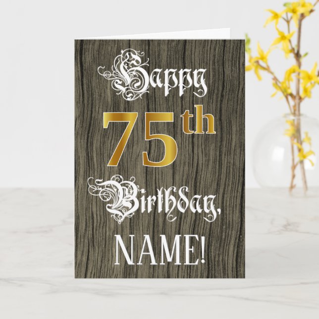 75. Geburtstag: Imitate Gold Look + Imitate Holzmu Karte (Gelbe Blume)
