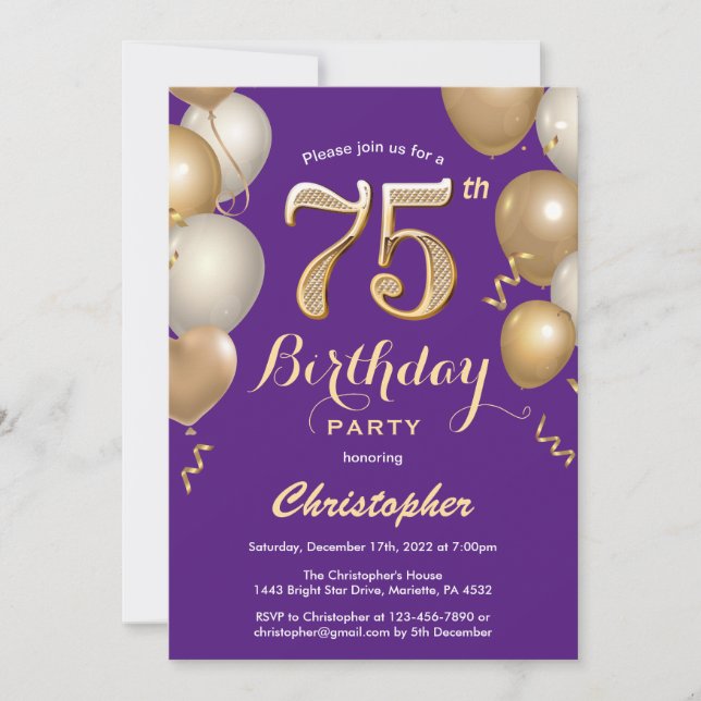 75. Geburtstag Lila und Gold Balloons Confetti Einladung (Vorderseite)