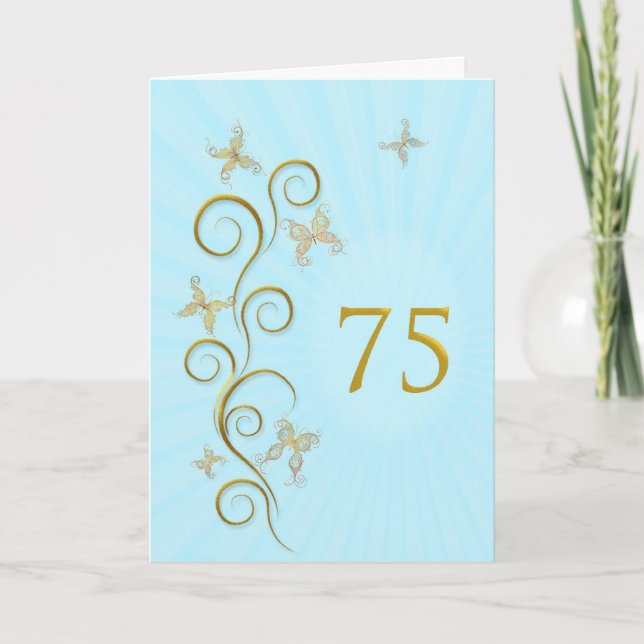 75. Geburtstag mit goldenen Schmetterlingen Karte (Vorderseite)