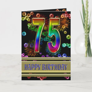 75. Geburtstag mit Regenbogenblasen und Feuerwerk Karte