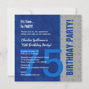 75. Geburtstag Modernes Blau und Silber S305 Einladung