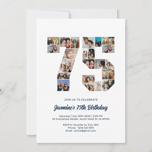 75. Geburtstag Nr. 75 Custom Foto Collage Einladung (Vorderseite)