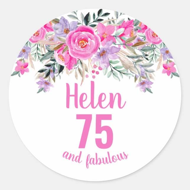 75. Geburtstag pink Aquarell Blumenklassiker Runde Runder Aufkleber (Vorderseite)