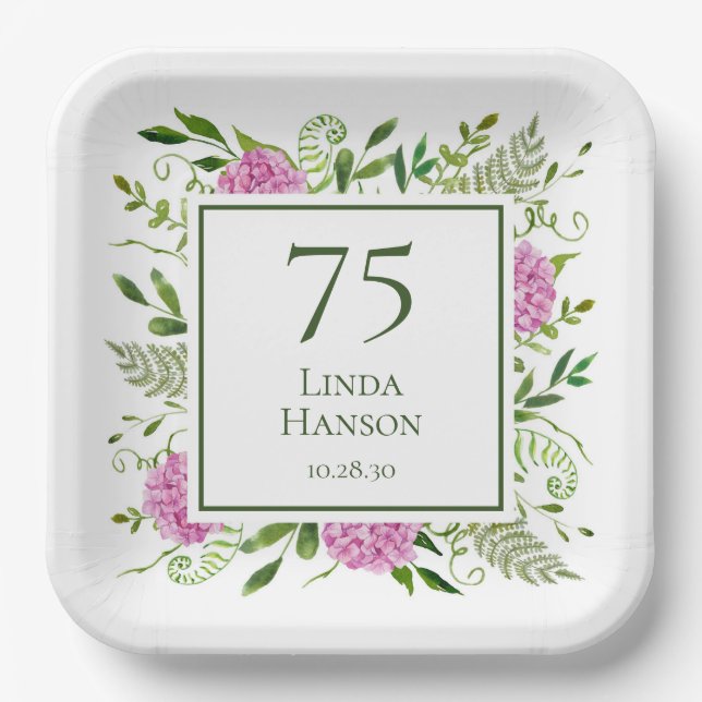 75. Geburtstag Pink Hydrangeas Pappteller (Vorderseite)