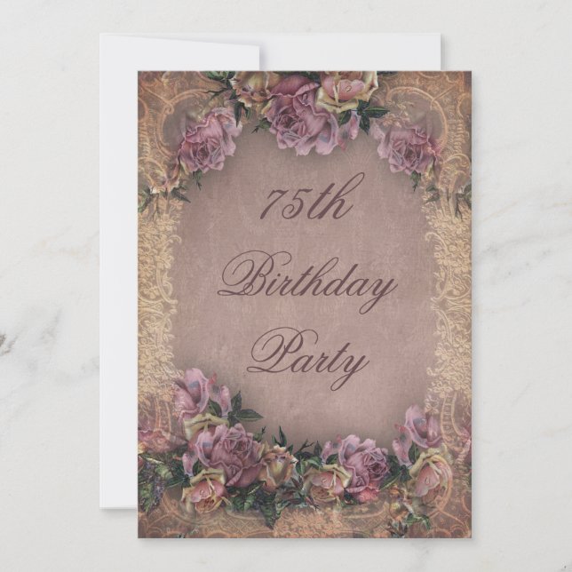 75. Geburtstag Romantische Vintage Rose und Spitze Einladung (Vorderseite)