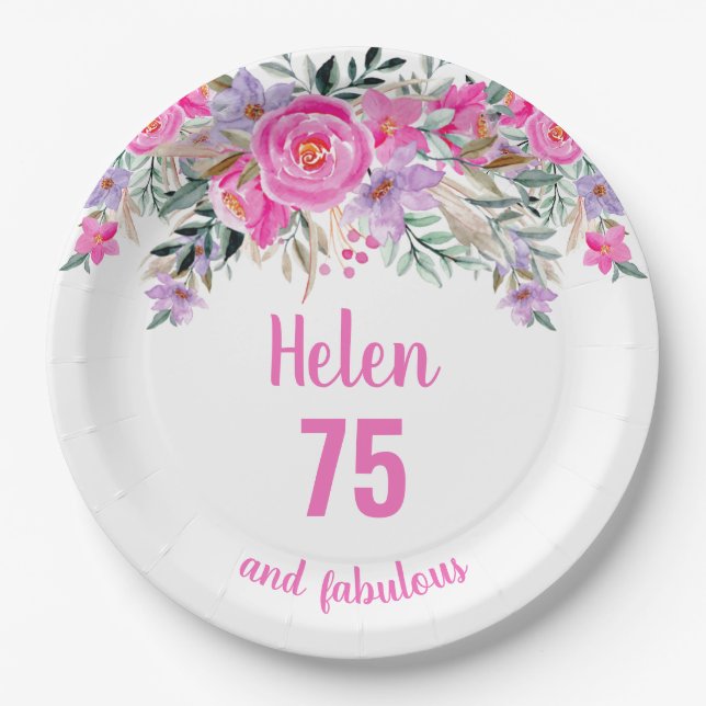 75. Geburtstag rosa Aquarellblüte Pappteller (Vorderseite)