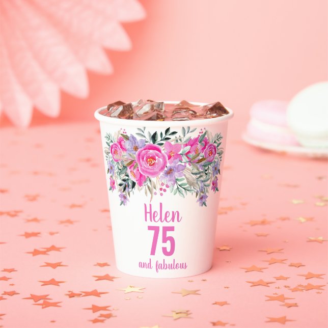75. Geburtstag rosa Blumenbecher Pappbecher (Insitu)