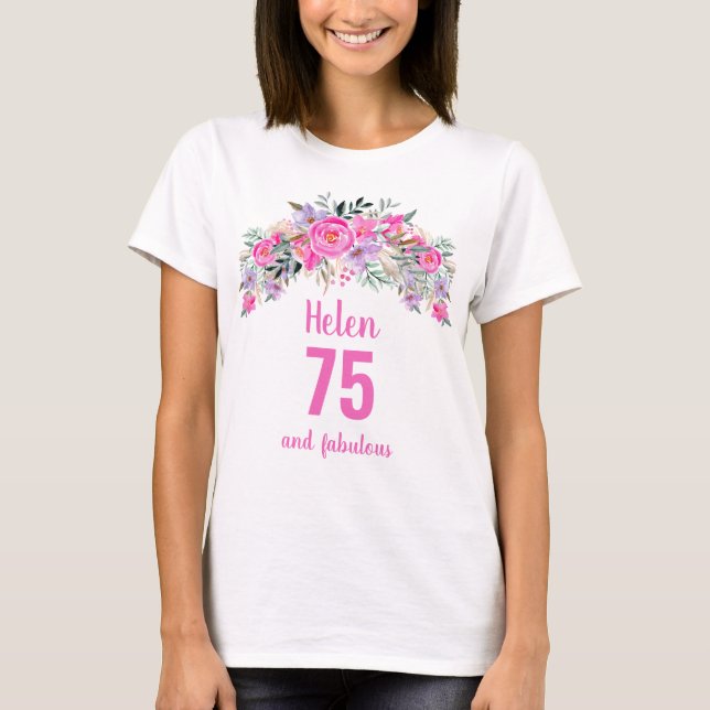 75. Geburtstag Rosa Blumenbezeichnung T-Shirt (Vorderseite)