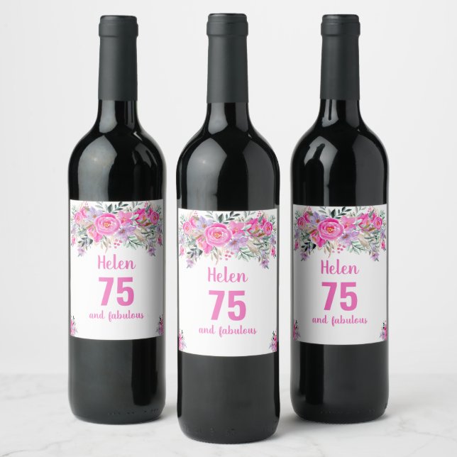 75. Geburtstag rosa Blumenweinetikett Weinetikett (Flaschen)
