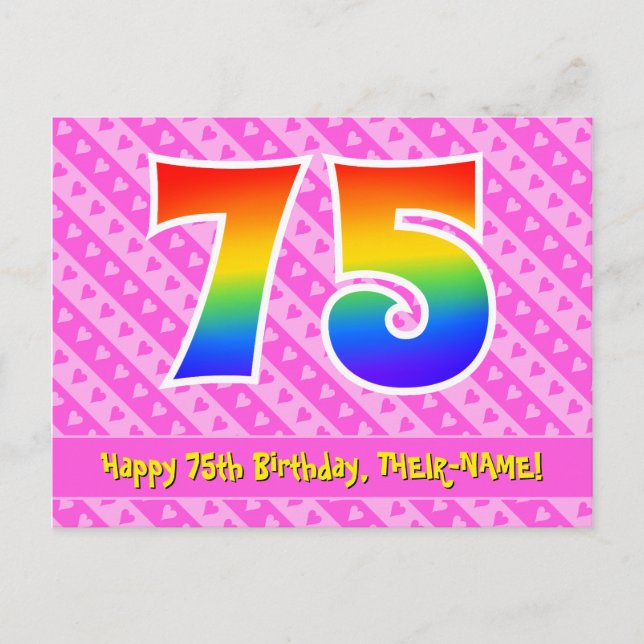 75. Geburtstag: Rosa Streifen & Herz, Regenbogen 7 Postkarte (Vorderseite)