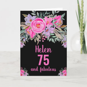 75. Geburtstag schwarze rosa Wasserfarbe florale K Karte
