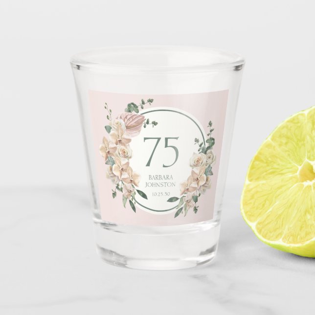 75. Geburtstag tropische Flora Schnapsglas (Vorderseite)