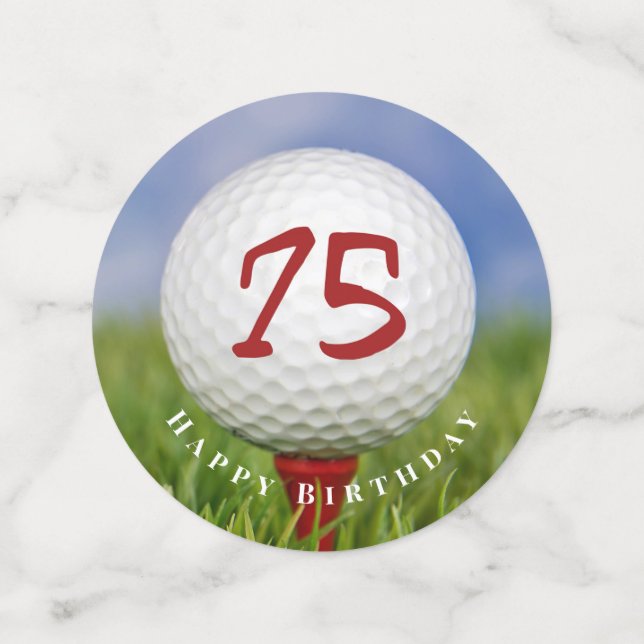 75. Geburtstagsgolfball auf rotem Tee Konfetti (Mittel Vorderseite)