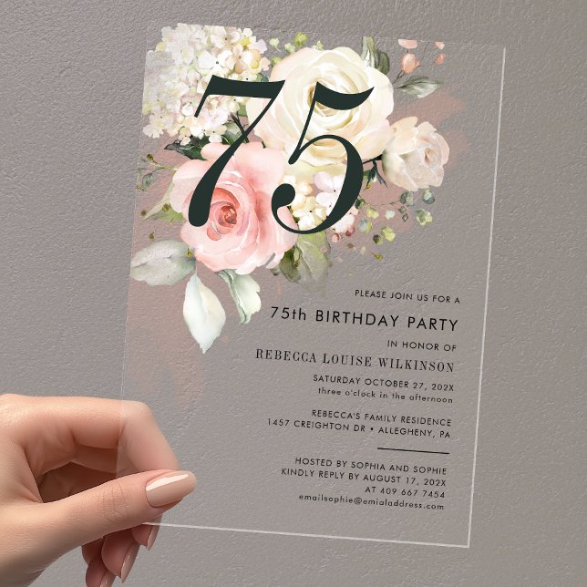 75. Geburtstagsparty Acryleinladungen (Watercolor Pink Floral 75th Birthday Party Acrylic Invitations)