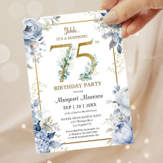 75. Geburtstagsparty Elegant Dusty Blue Floral Einladung