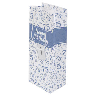 75. Happy Birthday Blue/White Number Pattern Geschenktüte Für Weinflaschen