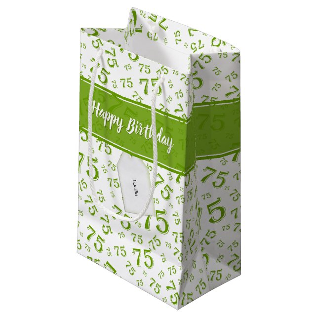 75. Happy Birthday Green/White Number Pattern Kleine Geschenktüte (Vorderseite Schrägansicht)