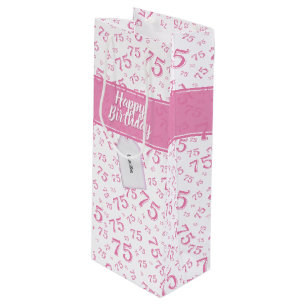 75. Happy Birthday Pink/White Number Pattern Geschenktüte Für Weinflaschen