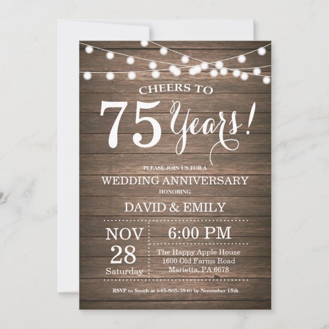 75. Hochzeitstag Einladung Rustikales Holz (Vorderseite)