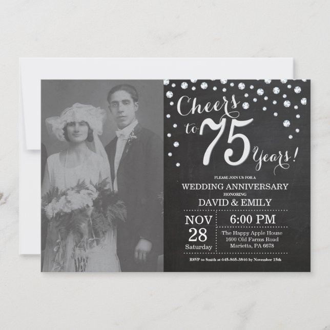 75. Hochzeitstag Schwarzes Silber Chalkboard Einladung (Vorderseite)