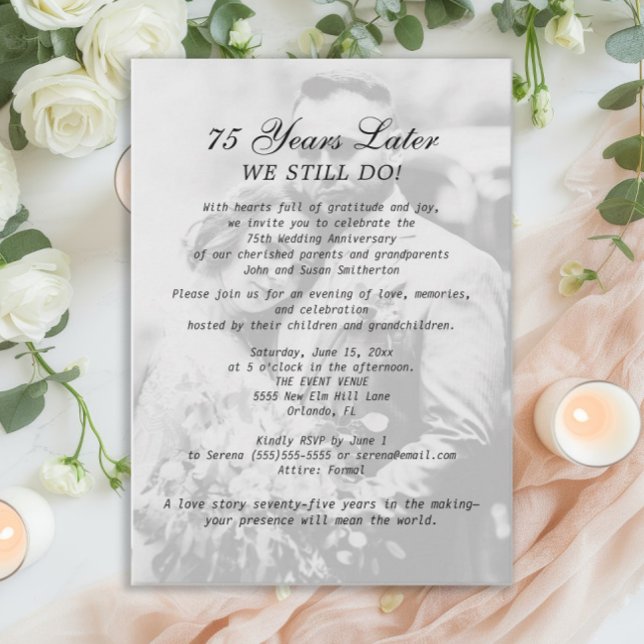 75. Jubiläum Hochzeit Foto Elegant Formal Einladung (75th wedding anniversary photo invitation)