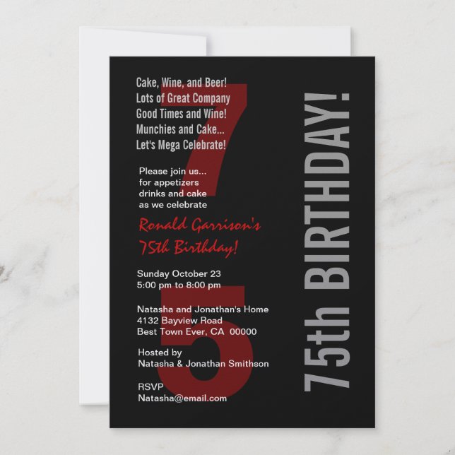 75. Modern Birthday Schwarz-weiß Red Metallic Einladung (Vorderseite)