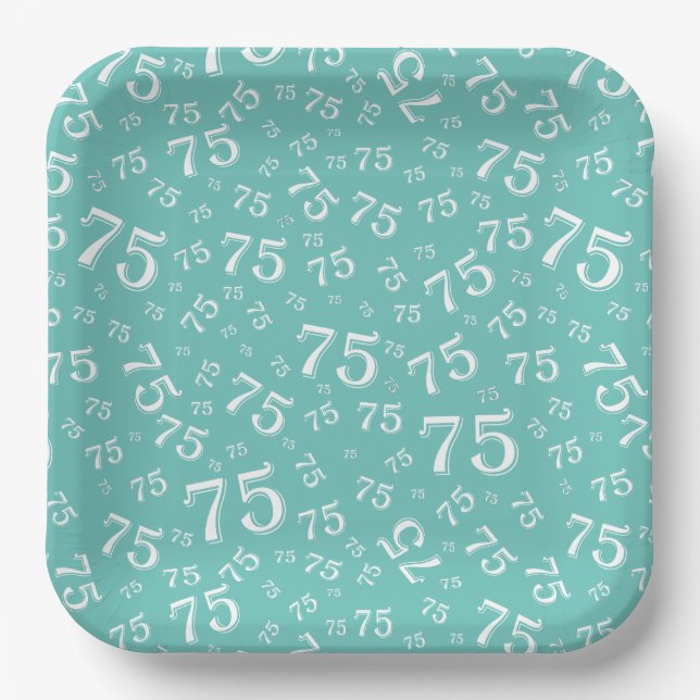 75. Party Random Number Pattern Aquamarin/weiß Pappteller (Vorderseite)