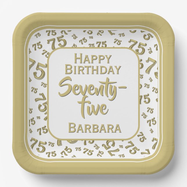 75. Party Random Number Pattern Gold/Weiß Pappteller (Vorderseite)