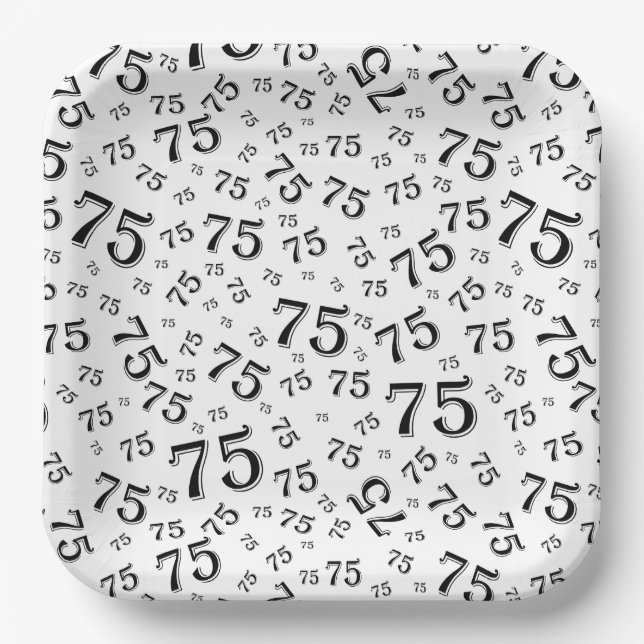 75. Party Random Number Pattern Schwarz/Weiß Pappteller (Vorderseite)