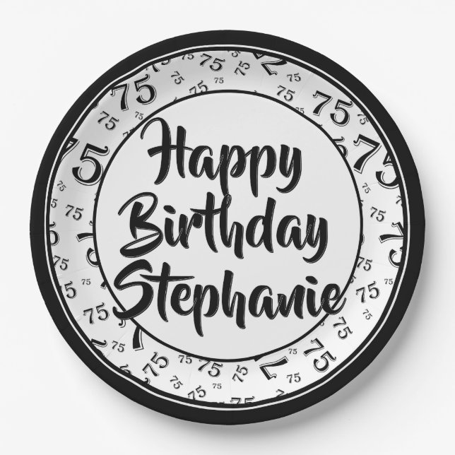 75. Party Random Number Pattern Schwarz/Weiß Pappteller (Vorderseite)