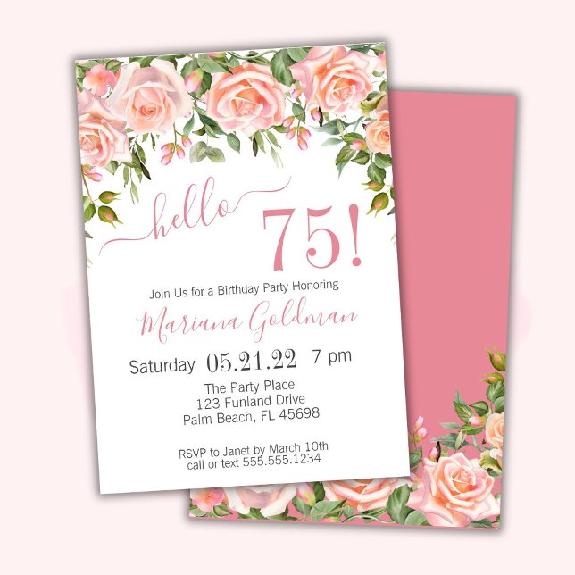 75e anniversaire Invitations Pink Floral Modern Pa (Créateur téléchargé)
