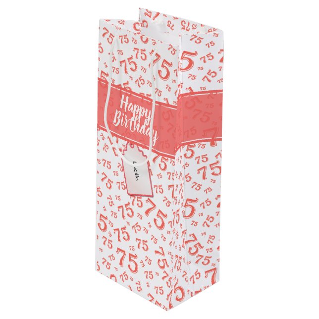 75th Biirthday Random Number Pattern Coral/White Geschenktüte Für Weinflaschen (Vorderseite Schrägansicht)